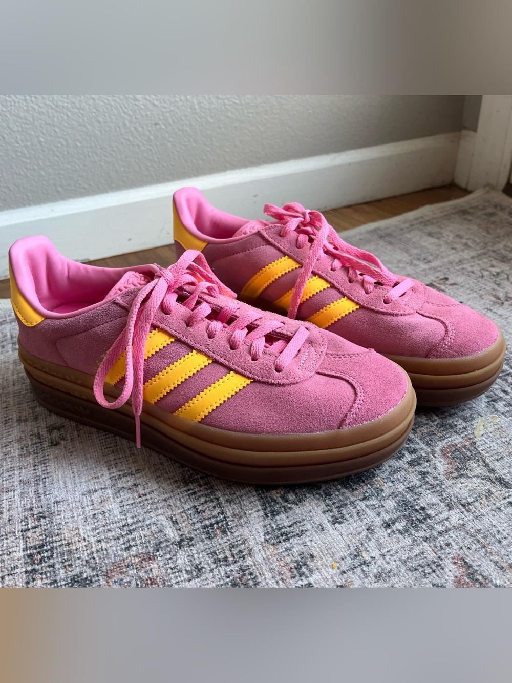 adidas Gazelle Bold Pink Sneakers with Yellow Stripes